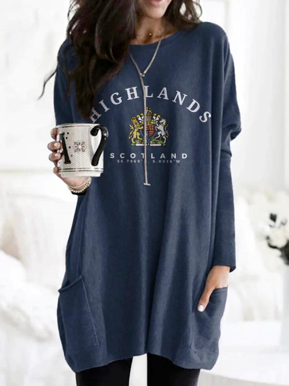 BRAND NEW Scottish Highlands Print Casual Tunic, Navy Blue, Size XL